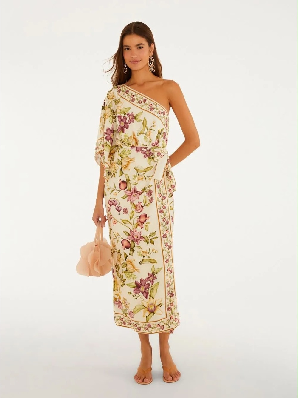 FARM Rio One-Shoulder Floral Cream Midi Dress